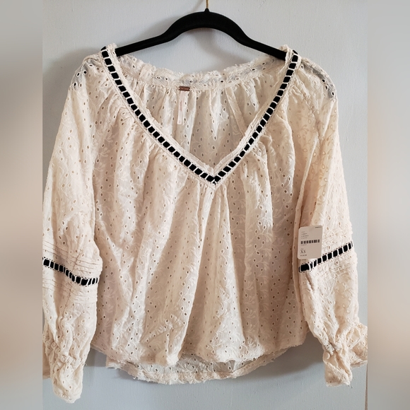 Free People Tops - Free People Embroidered Crop Blouse with Navy Embellishment NWT